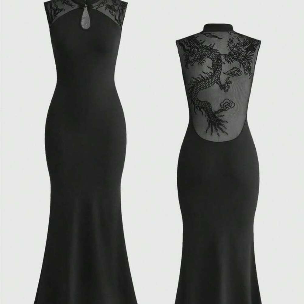 SHEIN white Dragon Lace Backless sheer Dress